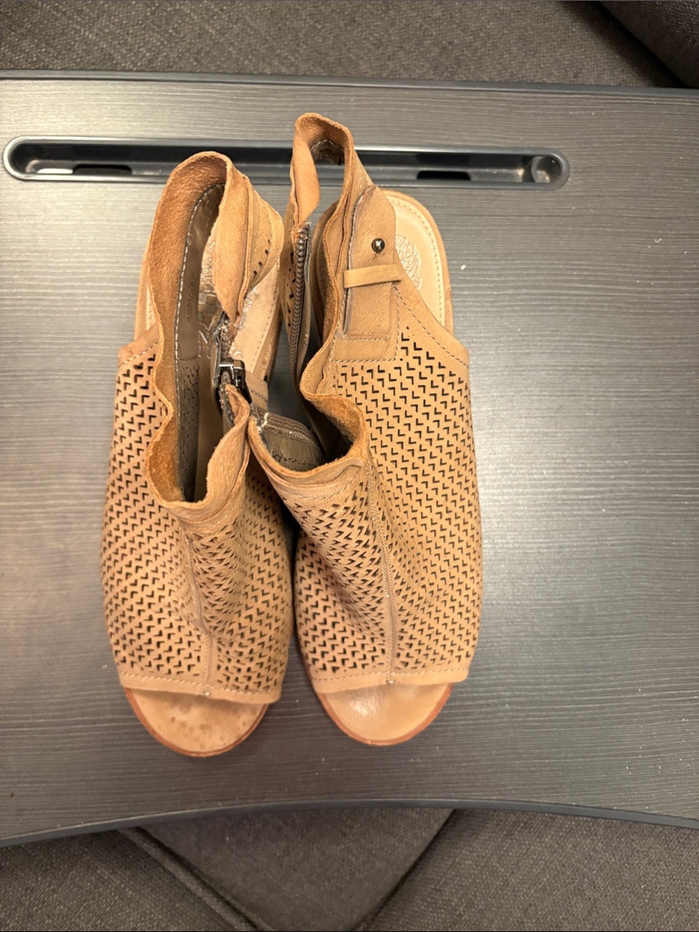 Vince Camuto Tan Perforated Peep-Toe Slingback Mules - Picture 2 of 5